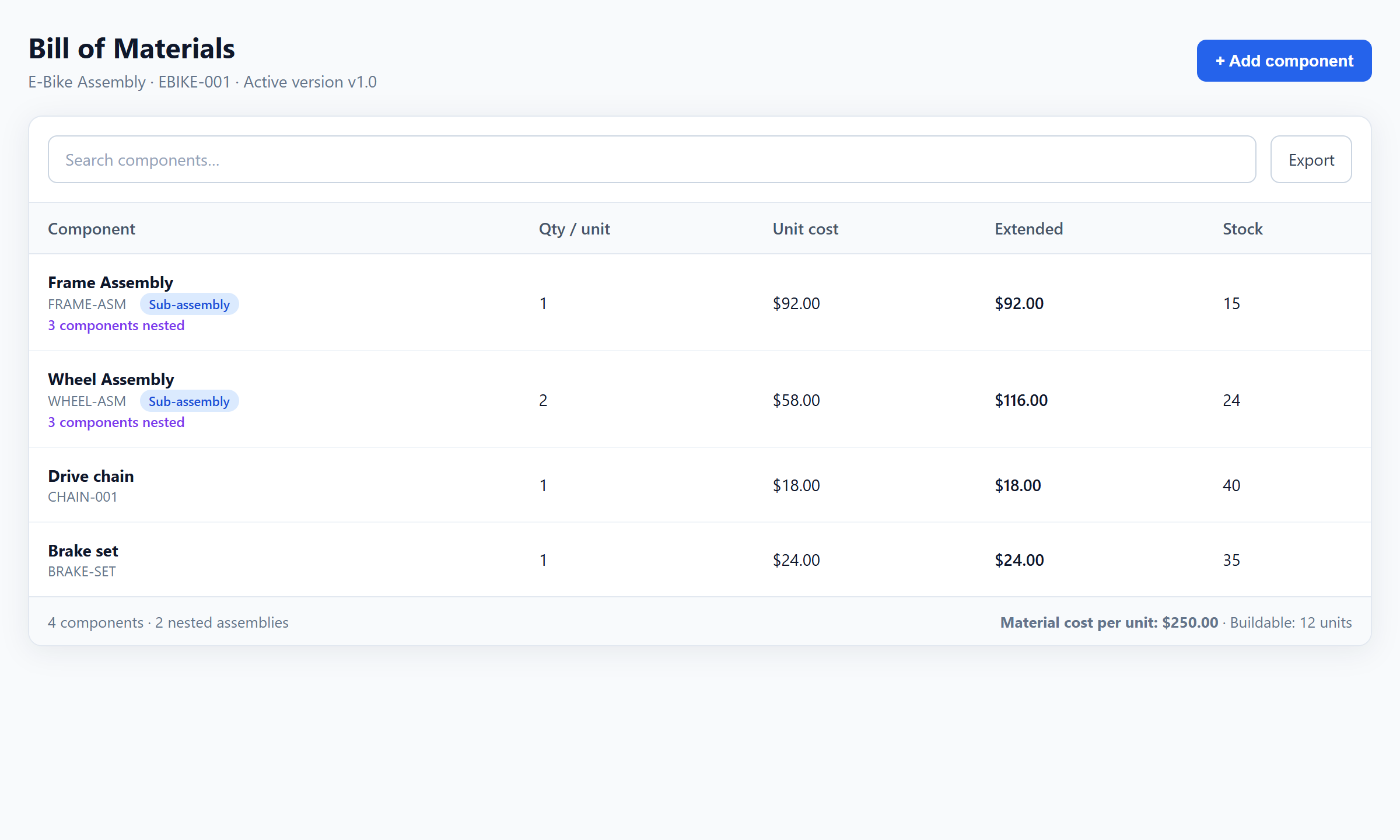 StockFlow bill of materials builder showing components and product structure