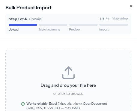 StockFlow bulk product import: drag and drop Excel or CSV to upload a catalog
