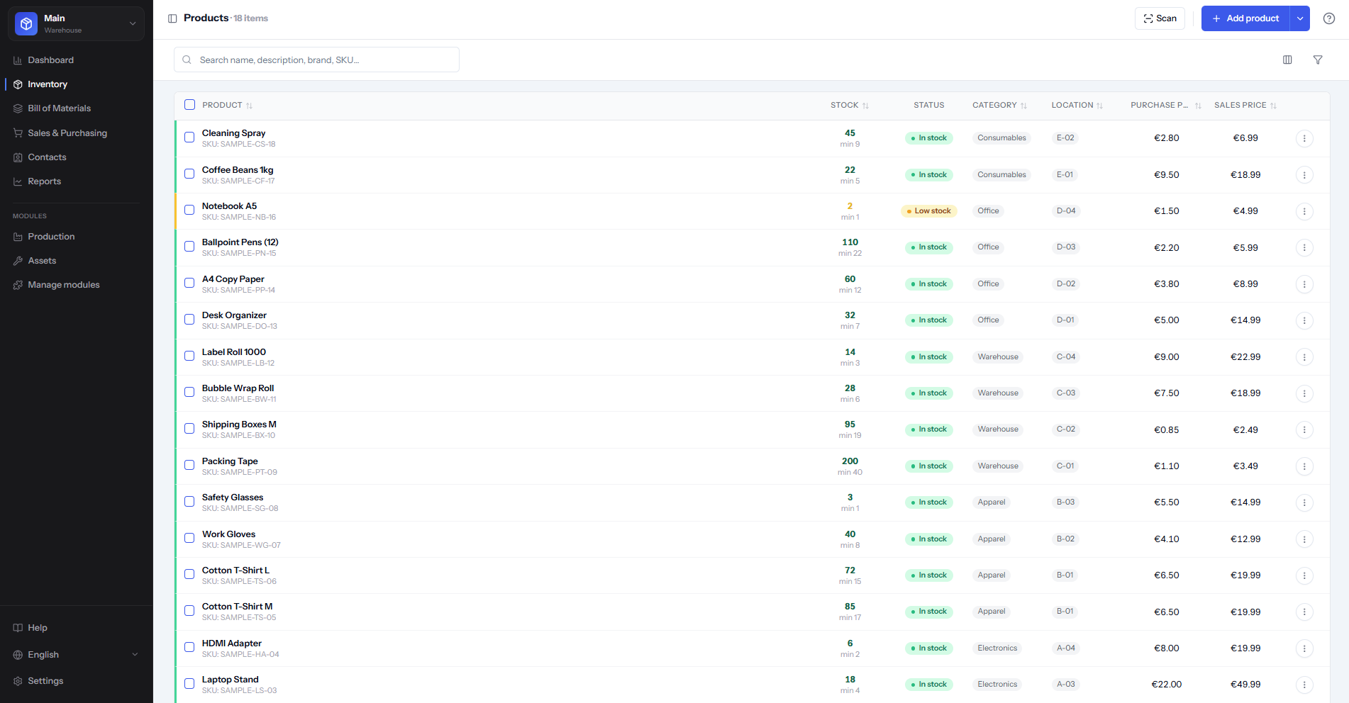 StockFlow products view with live quantities, stock status, and locations